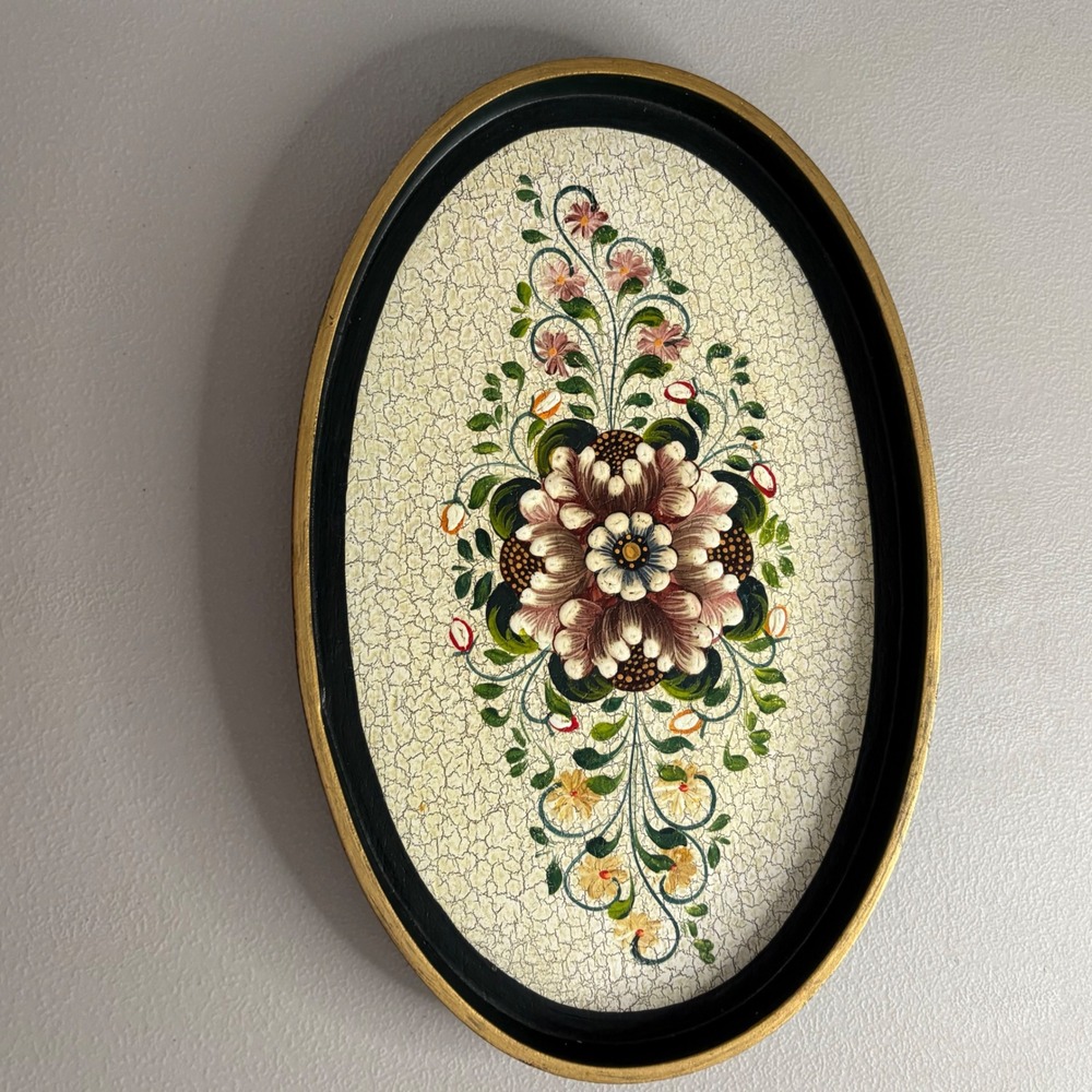 Vintage‎ Floral Hand Painted Nesting Trays Set of 3 Oval Black Gold Crackle Folk - Picture 8 of 16
